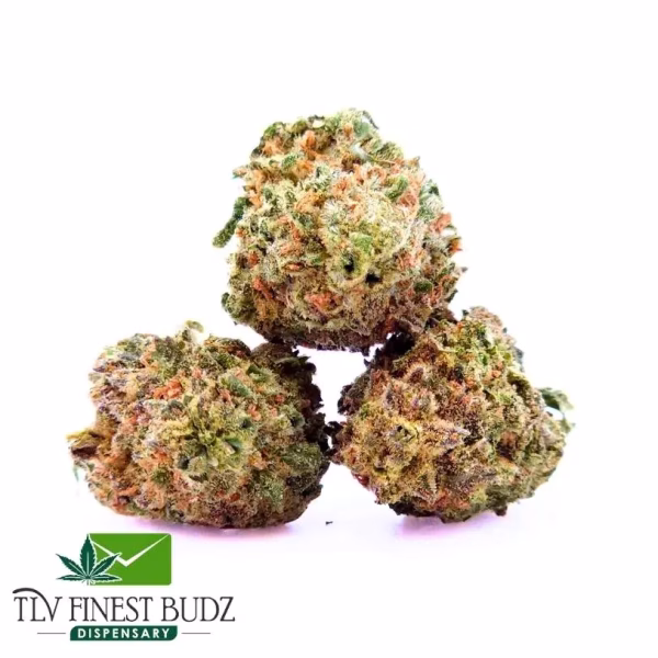 Three dense cannabis buds with vibrant green and orange tones are stacked against a white background. "TLV Finest Budz Dispensary" logo is visible below.