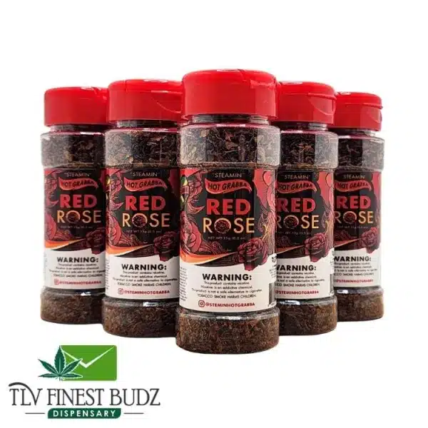 Bottles of "Steamin' Hot Grabba Red Rose" herbal blend with warning labels, arranged together against a white background.