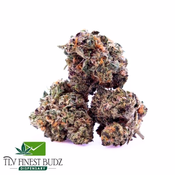 Three vibrant, dense Haze Strain buds with green and purple hues, highlighted by orange hairs, against a white background with a dispensary logo.