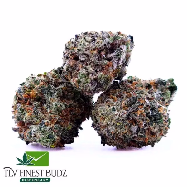 Three dense Blackberry Cream buds covered in frosty trichomes and vibrant orange hairs, displayed on a white background with a dispensary logo.