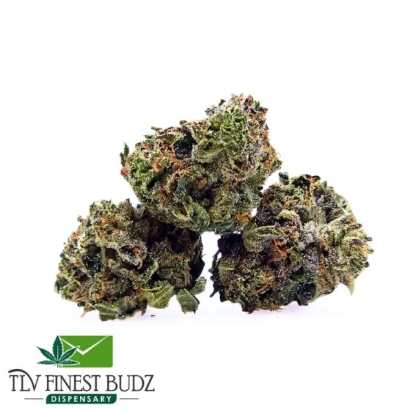 Three dense pink goo strain buds with vibrant green and orange hues, displayed on a white background, accompanied by the TLV Finest Budz logo.