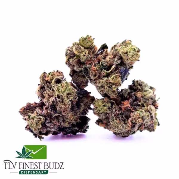 Three cannabis buds grouped together, displaying hues of green, purple, and orange. The image includes the logo "TLV Finest Budz Dispensary."