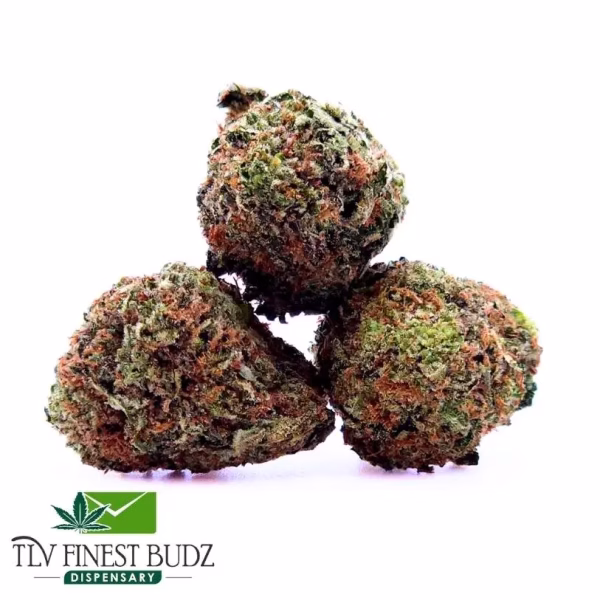 Close-up of three dense cannabis buds with vivid green and orange hues, covered in trichomes. The mood is fresh and natural. "TLV Finest Budz Dispensary" logo in the corner.