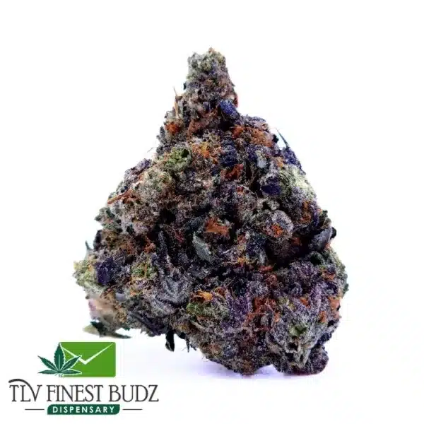Close-up of a dense, colorful Pink Death Strain marijuana bud featuring purples, greens, and orange hairs, with a logo for TLV Finest Budz Dispensary.