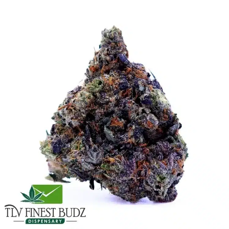 Close-up of a dense, colorful Pink Death Strain marijuana bud featuring purples, greens, and orange hairs, with a logo for TLV Finest Budz Dispensary.