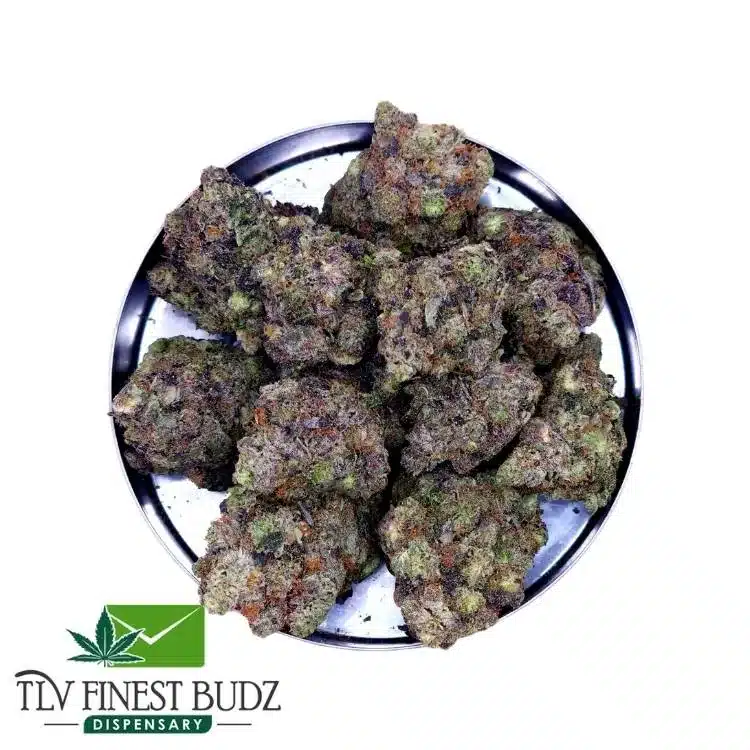 A pile of colorful Pink Death Strain buds on a black plate, branded with "TLV Finest Budz Dispensary" at the bottom.