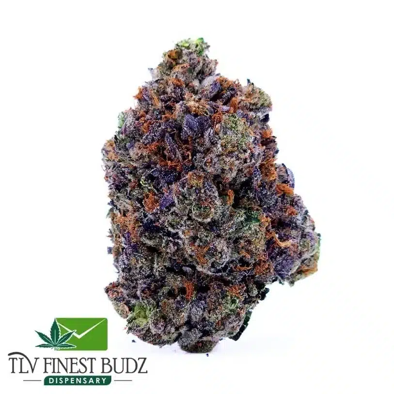 Close-up of a dense astro pink strain bud featuring vibrant purple and green hues, with orange pistils and a frosty appearance. TLV Finest Budz logo below.