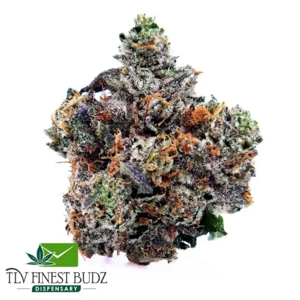 Close-up of a frosty cannabis bud, featuring vibrant greens, purples, and orange hairs, with the TLV Finest Budz logo below.