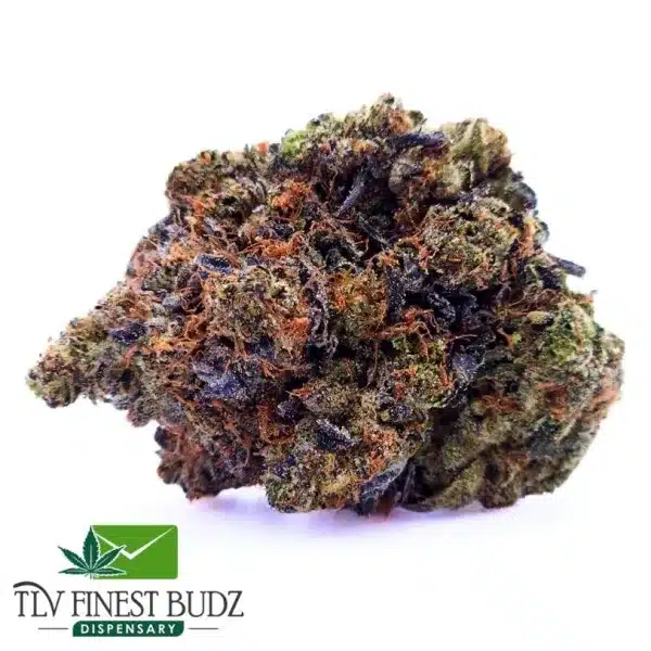 Close-up of a dense Supreme Pink Strain bud, showcasing rich green and dark purple hues with orange pistils, against a white background.