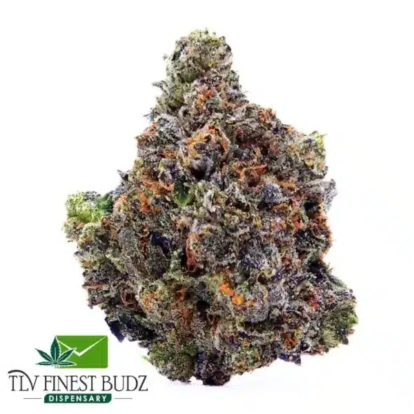 A close-up of a Diablo Death Bubba bud with visible orange hairs and green leaves, featuring the TLV Finest Budz Dispensary logo in the bottom left corner.