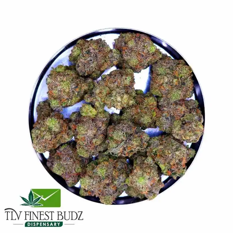 A round metal tray filled with Diablo Death Bubba buds, with the TLV Finest Budz Dispensary logo in the bottom left corner.