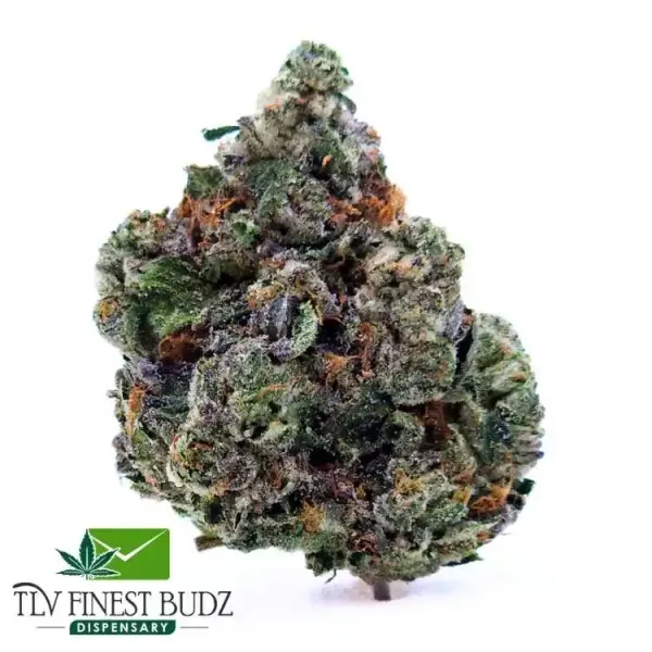 Dense cannabis buds with green, orange, and purple hues, against a white background. "TLV Finest Budz Dispensary" logo in the corner.