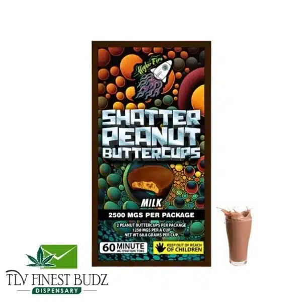 Packaging for Shatter Peanut Buttercups by Higher Fire, featuring colorful graphics, labeling details, and a milkshake on the side.