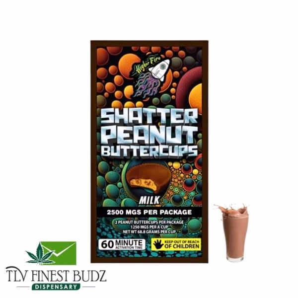 Packaging for Shatter Peanut Buttercups by Higher Fire, featuring colorful graphics, labeling details, and a milkshake on the side.