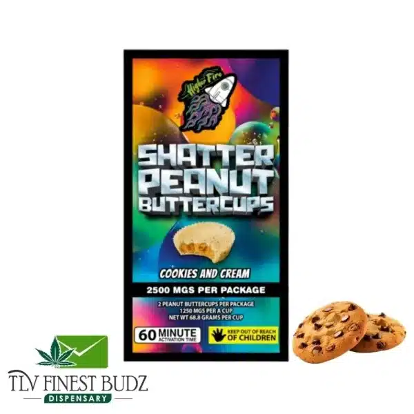 Packaged shatter peanut butter cups with a cookies and cream flavor, featuring vibrant colors and chocolate chip cookies beside.