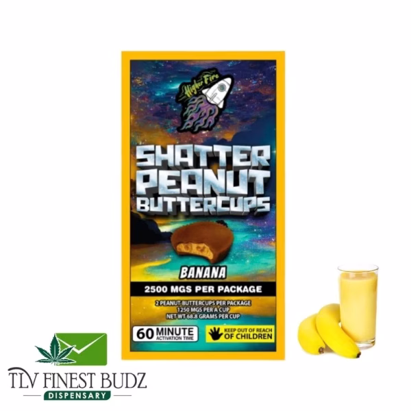 A package of Shatter Peanut Buttercups with banana flavor, showcasing nutritional info, alongside bananas and a glass of banana drink.