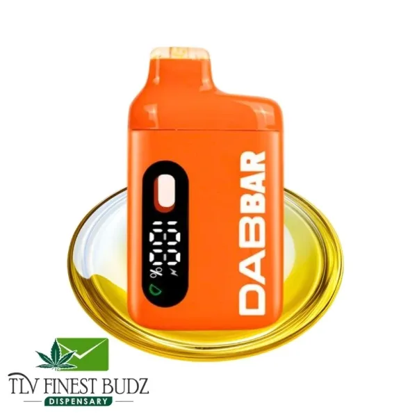 Bright orange DABBAR vape device with digital display, resting on a golden circular surface, alongside the TLV Finest Budz logo.