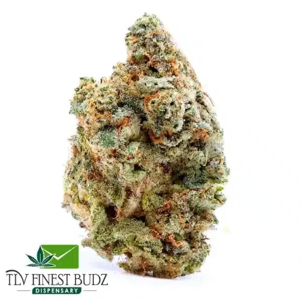 Close-up of a dense Mimosa bud covered in trichomes and orange hairs, with the TLV Finest Budz logo at the bottom.