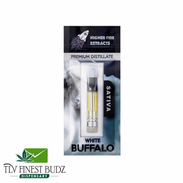 A vape cartridge labeled "Higher Fire Extracts Premium Distillate Indica King Louis OG," featuring cannabis imagery and the TLV Finest Budz Dispensary logo, sits beside a White Buffalo strain icon for added recognition.