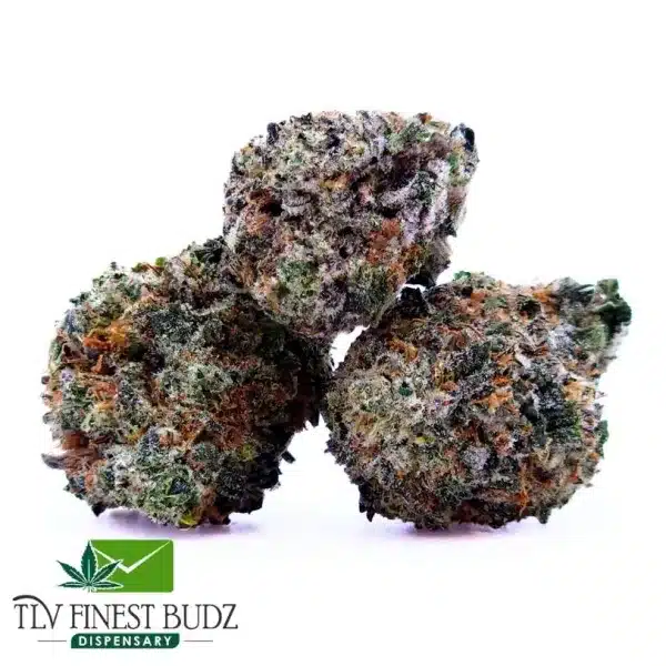 Three dense Blackberry Cream buds covered in frosty trichomes and vibrant orange hairs, displayed on a white background with a dispensary logo.