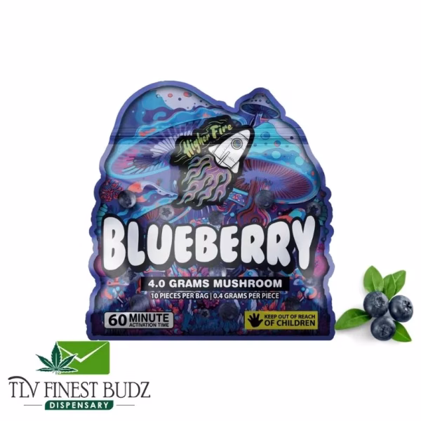 Colorful package for Blueberry mushroom edibles, featuring a rocket and psychedelic design, labeled with dosage and safety warnings.
