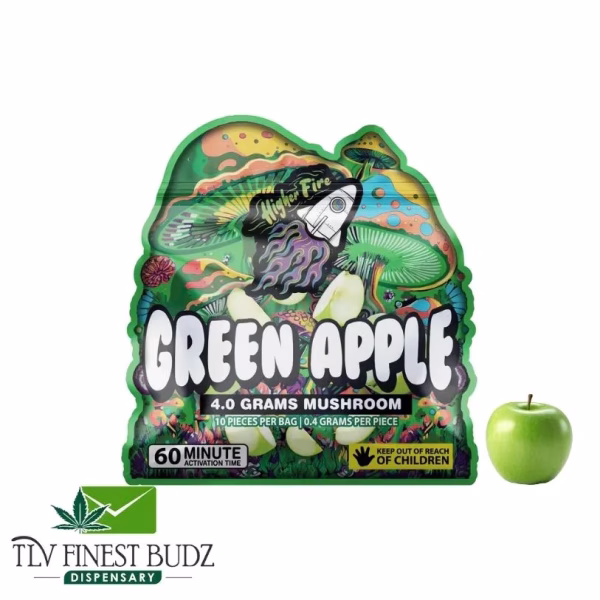 Colorful packaging for "Green Apple" 4g mushroom gummies with an apple illustration, featuring safety warnings and branding.
