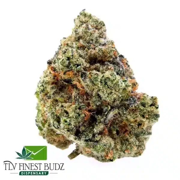 Close-up of a vibrant Grey Goose bud covered in trichomes, alongside the TLV Finest Budz Dispensary logo.