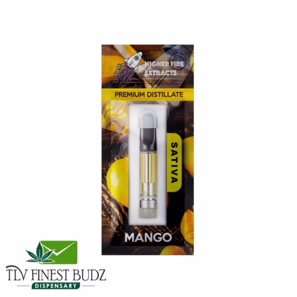 A package featuring a cannabis distillate cartridge labeled "Mango Sativa" from Higher Fire Extracts, with a logo from TLV Finest Budz Dispensary.