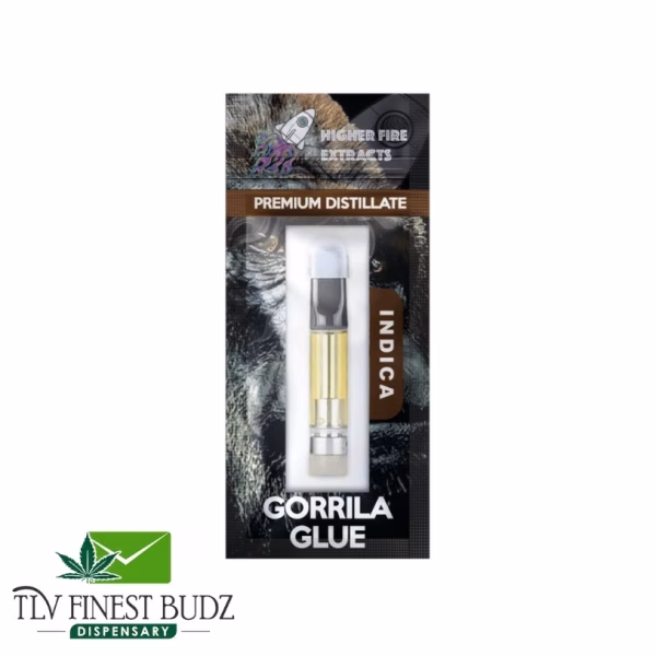 Indica vape cartridge labeled “Gorilla Glue” in sleek packaging from Higher Fire Extracts, featuring a wolf image. TLV Finest Budz logo below.