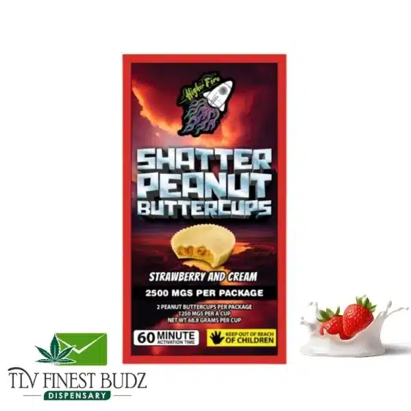 Packaged cannabis-infused treat featuring "Shatter Peanut Buttercups" with strawberry and cream flavor, highlighting dosage and caution.