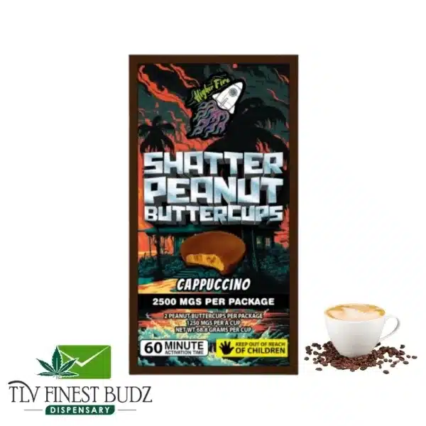 Packaging for Shatter Peanut Buttercups, Cappuccino flavor, featuring 2500 mg total THC and coffee cup imagery. Keep away from children.