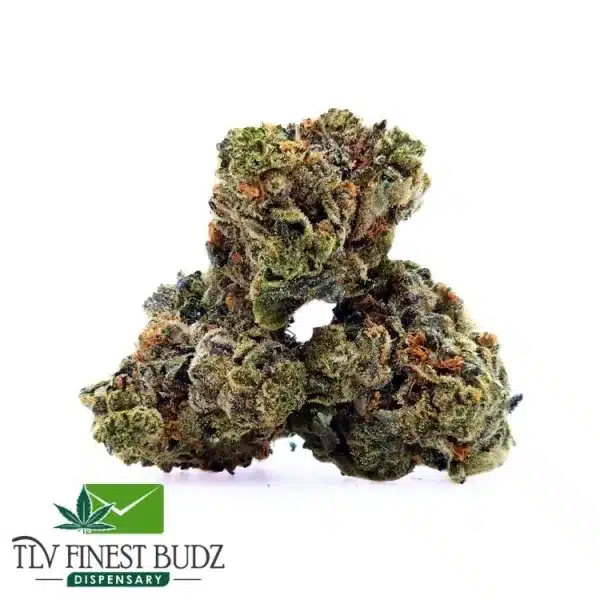 Three dense Tom Ford Strain cannabis buds with a frosty, dark green and orange appearance are stacked against a white background. The TLV Finest Budz logo is in the corner.