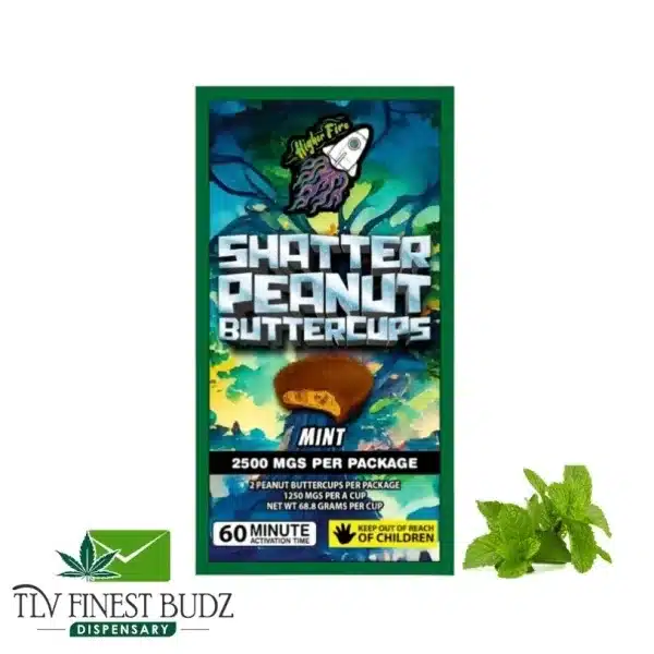 Packaging for mint-flavored Shatter Peanut Buttercups, containing 2500 mg of THC per package, with a mint leaf beside it.
