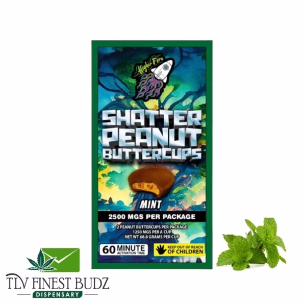 Packaging for mint-flavored Shatter Peanut Buttercups, containing 2500 mg of THC per package, with a mint leaf beside it.