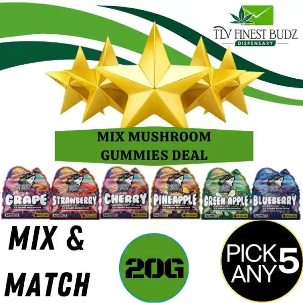 Promotional image featuring a 'Mix Mushroom Gummies Deal' with colorful gummy packs in grape, strawberry, cherry, pineapple, green apple, and blueberry.