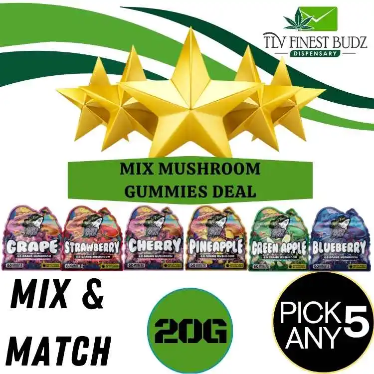 Promotional image featuring a 'Mix Mushroom Gummies Deal' with colorful gummy packs in grape, strawberry, cherry, pineapple, green apple, and blueberry.