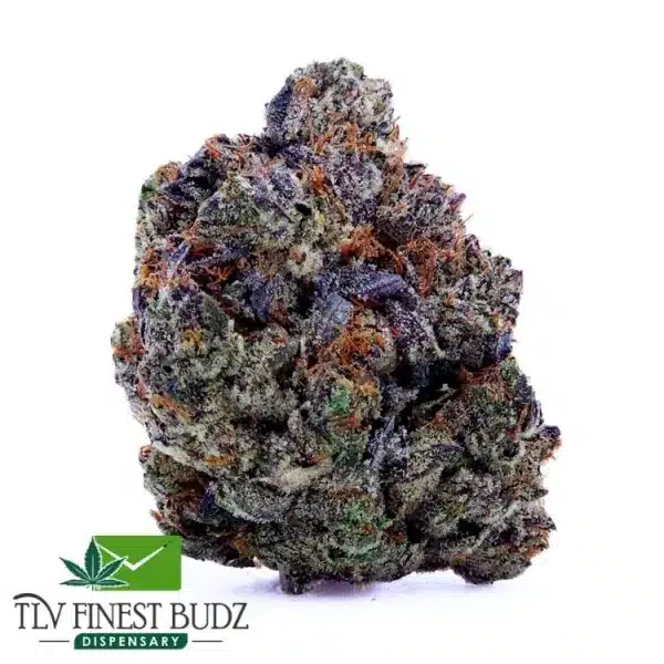 A close-up of a dense, purple-tinged pink gas strain bud with orange hairs and a frosty appearance, featuring "TLV Finest Budz" branding below.