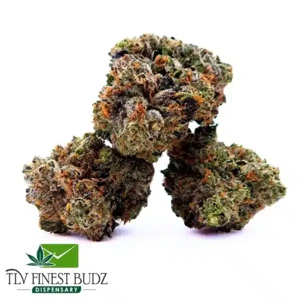 Three dense Tar Monster Strain buds with vibrant green and orange hues, resting on a white background, labeled with the TLV Finest Budz logo.