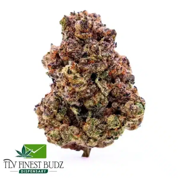 Close-up of a colorful Grape Cream Cake bud, featuring dense, trichome-covered flowers in various shades, with TLV Finest Budz logo below.