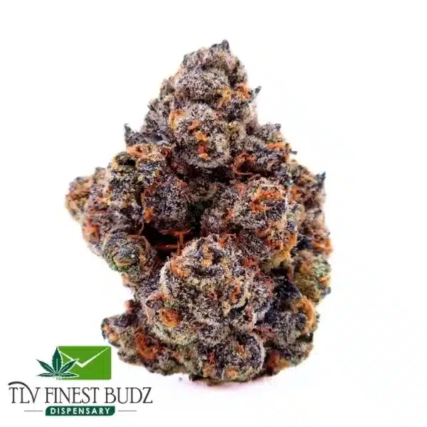 Close-up of a dense Apple Drops bud with purple and orange hues, featuring a frosty appearance, labeled with TLV Finest Budz logo.