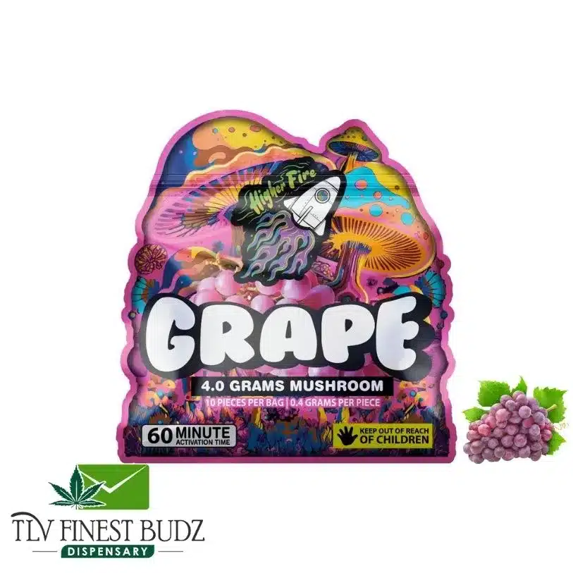 Colorful psychedelic packaging for "Grape" mushroom edibles, featuring vibrant illustrations and safety labeling. 4 grams total.