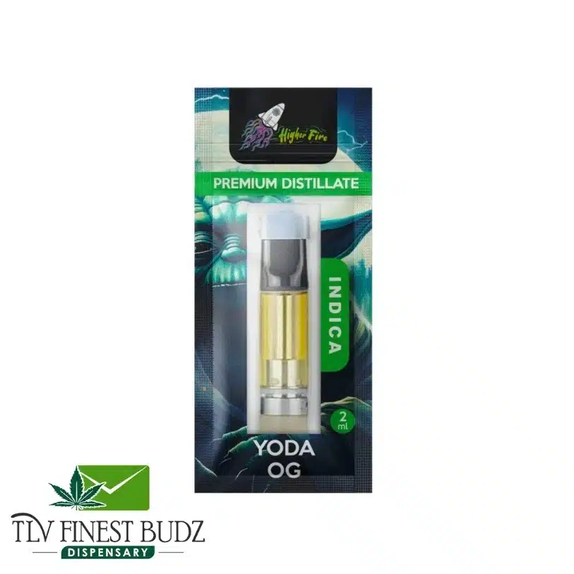 A package of Yoda OG indica cannabis distillate, featuring a 2ml cartridge and colorful design with a rocket logo.