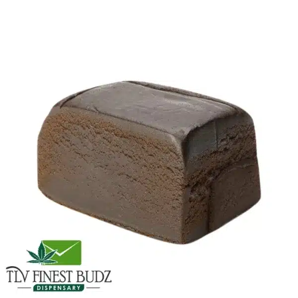 A rectangular block of dark vortex black hash, displayed against a white background, with the TLV Finest Budz logo below.
