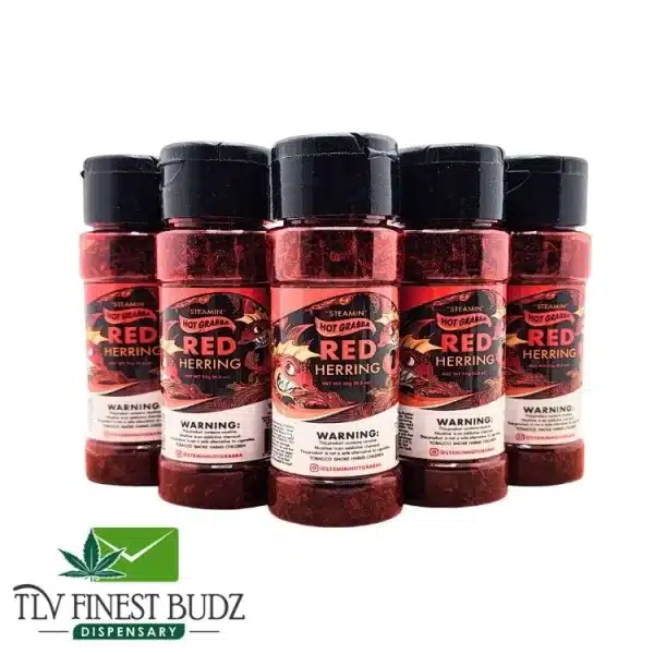 Six identical jars of "red herring grabba" seasoning, each with a black lid, displayed together with a logo for TLV Finest Budz Dispensary.