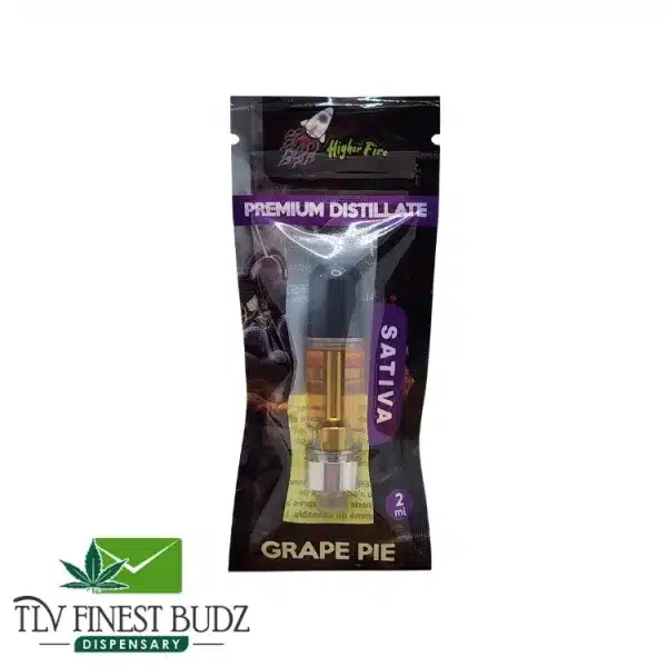 A packaging for a 2ml premium distillate vape cartridge labeled "Grape Pie" with "Sativa" and "Higher Fire" branding.