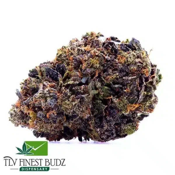 Close-up of a large Brain Dead Strain bud with rich green and purple hues, covered in trichomes, with a logo for TLV Finest Budz dispensary.