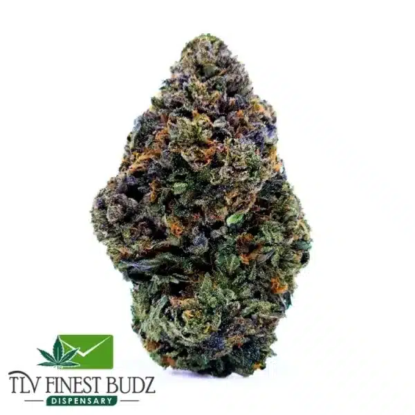 Close-up of a dense lemon diesel strain bud with varying shades of green and orange, set against a white background. Branding from TLV Finest Budz in the corner.